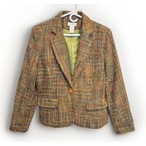 Preswick & Moore Tweed Blazer Sz 12P Green Brown Jacket Vintage Career Preppy